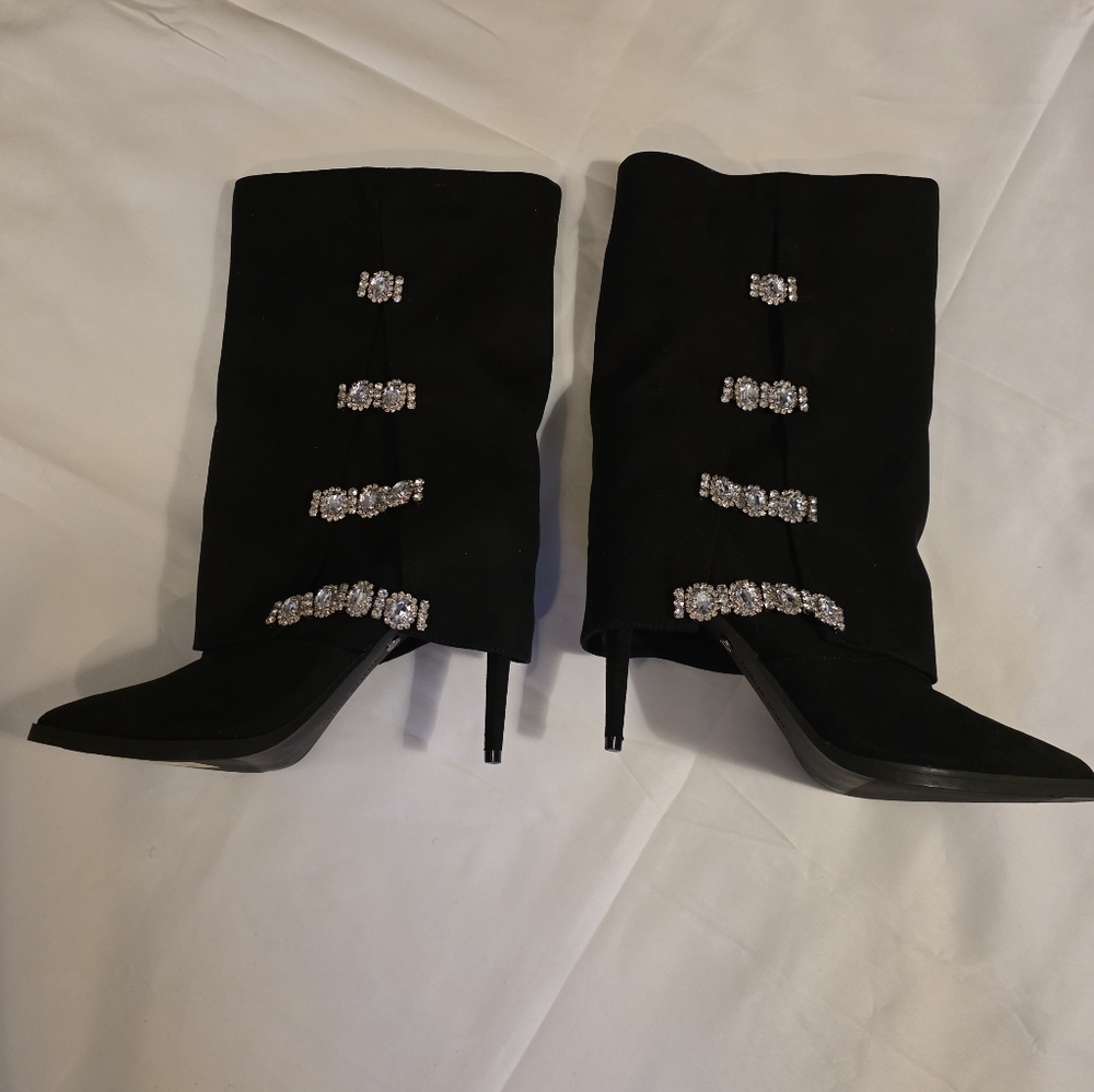 Thalia Sodi Black Mid-Calf Stiletto Boots with Crystal Straps (NWT)